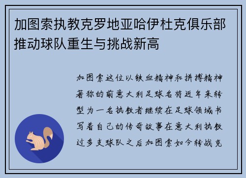 加图索执教克罗地亚哈伊杜克俱乐部推动球队重生与挑战新高